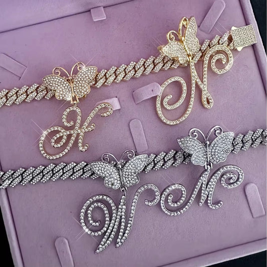 Iced out rhinestone Italian letter anklet with hip hop bling charm and adjustable chain.
